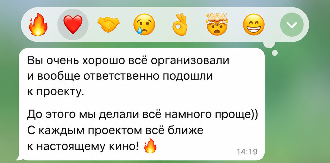 Вы очень хорошо всё организовали и вообще ответственно подошли к проекту. До этого мы делали всё намного проще. С каждым проектом всё ближе к настоящему кино!