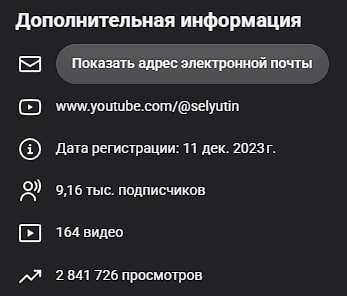 YouTube после работы: 9,16 тысячи подписчиков, 164 видео, 2 841 726 просмотров.