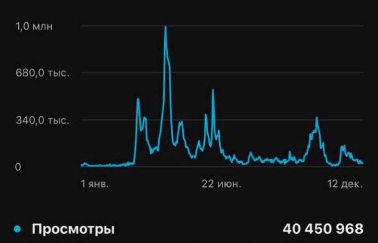 Скриншот статистики просмотров за 2024 год: 40 450 968 просмотров. График с 1 января по 12 декабря; самый большой пик достигает 1 миллиона просмотров.
